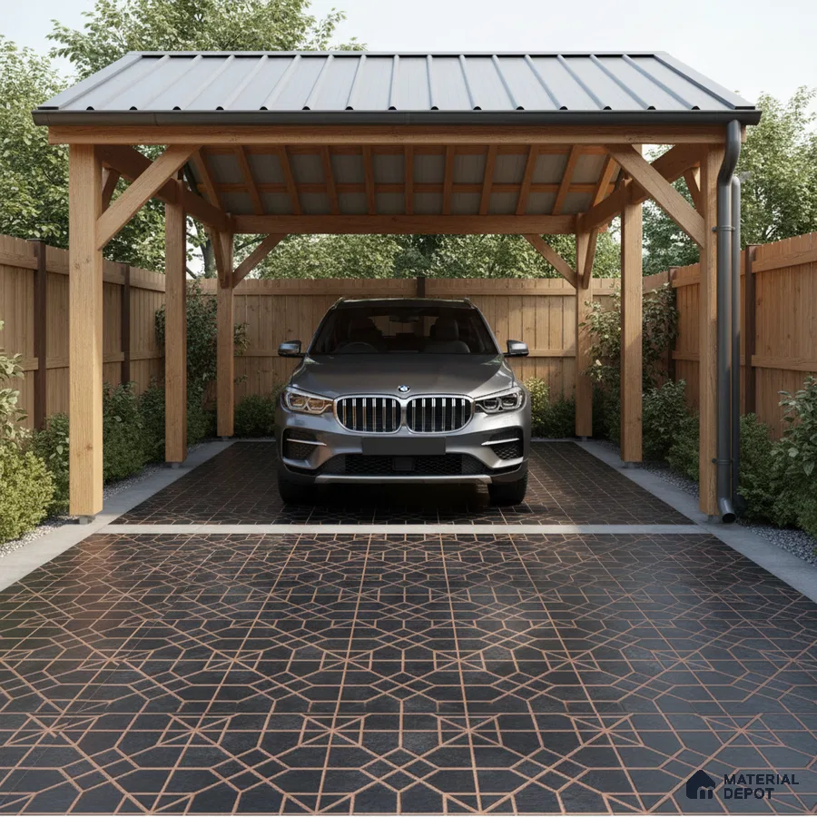Modern parking with geometric patterned black floor tiles and wooden structure