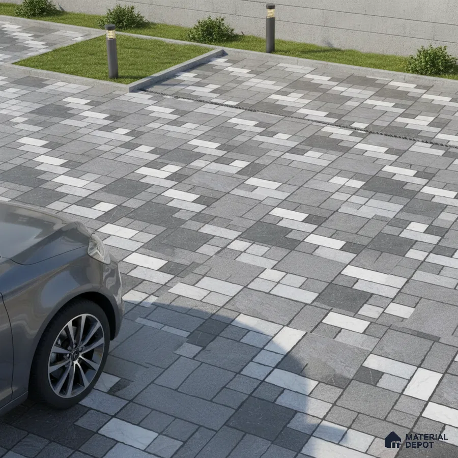 Modern parking area with grey and white geometric stone paver tiles
