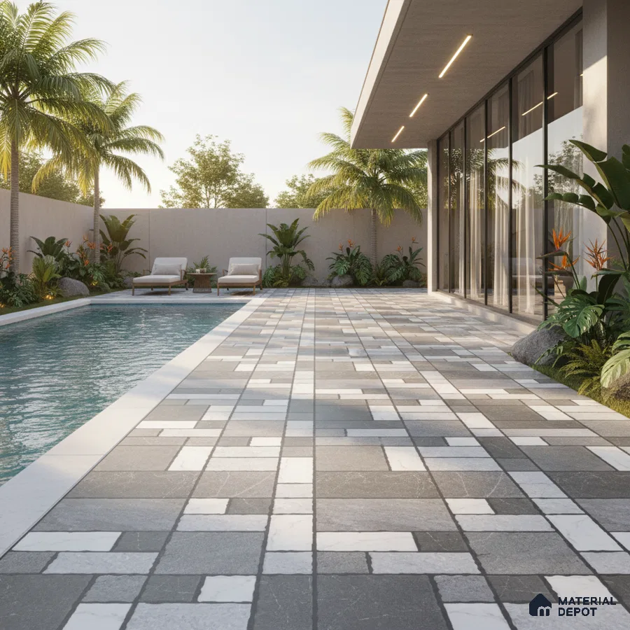 Modern outdoor poolside with geometric grey and white stone tiles