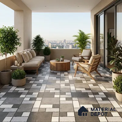 Scandinavian balcony with geometric grey and white floor tiles and natural wood outdoor furniture
