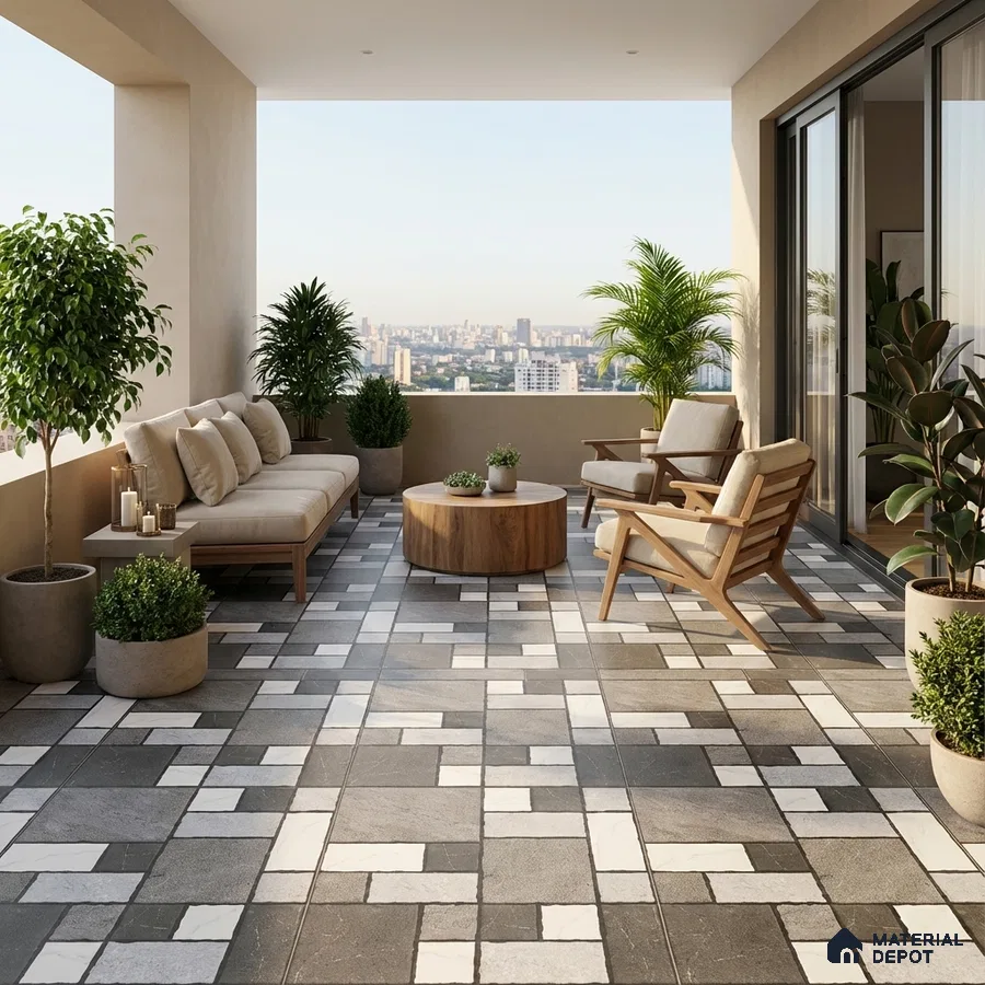 Scandinavian balcony with geometric grey and white floor tiles and natural wood outdoor furniture