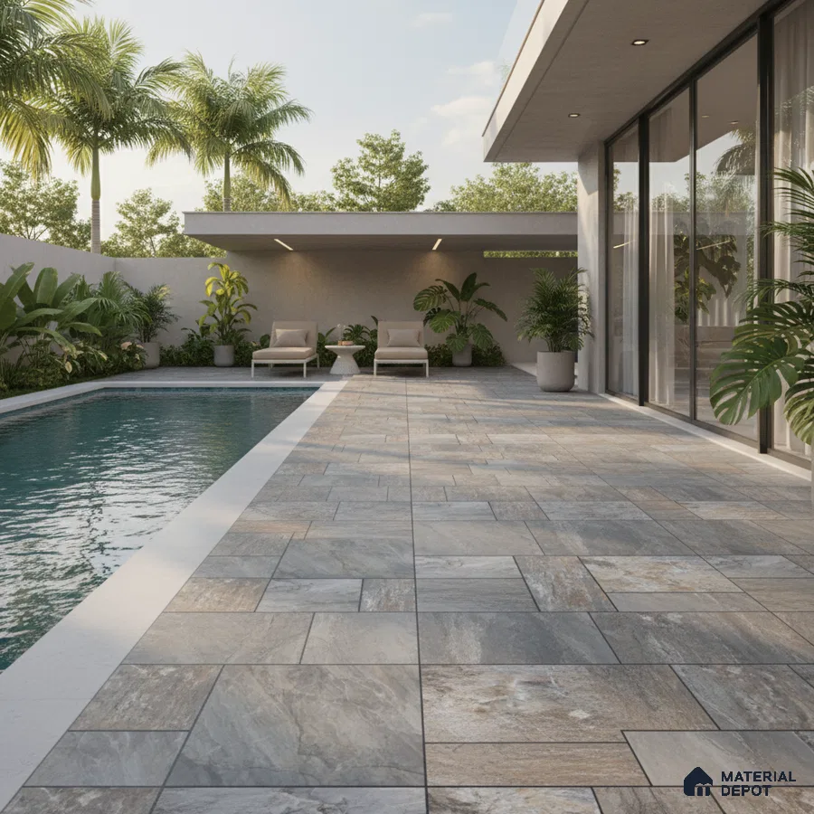 Modern outdoor poolside with grey stone-look floor tiles and tropical landscaping