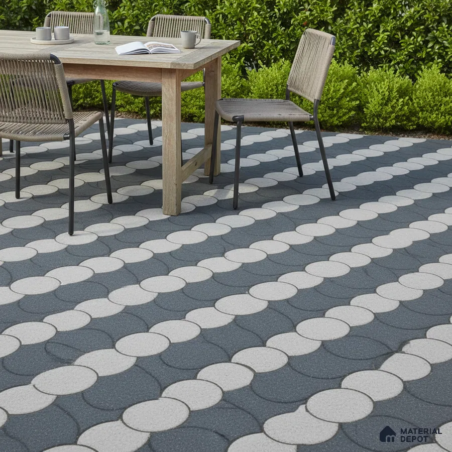 Modern outdoor space with geometric patterned grey and white floor tiles and wooden dining set
