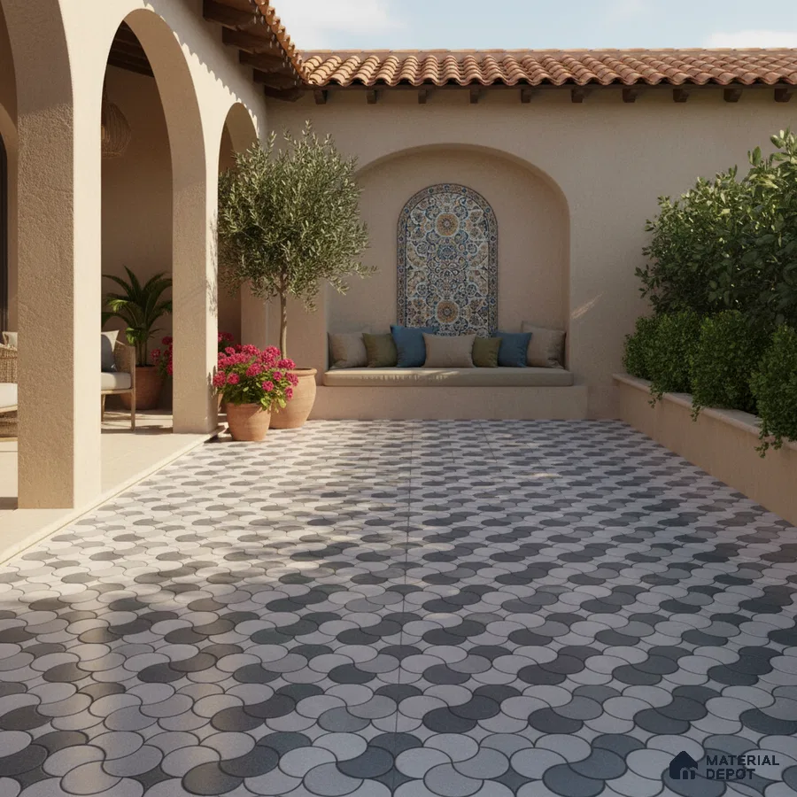 Mediterranean outdoor space with terracotta roof, patterned mosaic wall tile, and geometric grey floor tiles
