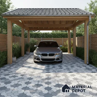Modern parking with geometric grey and white outdoor floor tiles and wooden pergola roof
