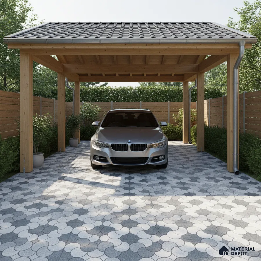 Modern parking with geometric grey and white outdoor floor tiles and wooden pergola roof