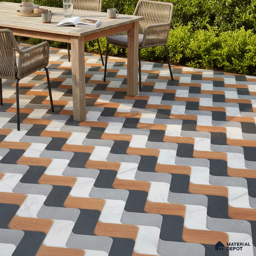 Modern outdoor space with geometric marble, wood, and grey floor tiles