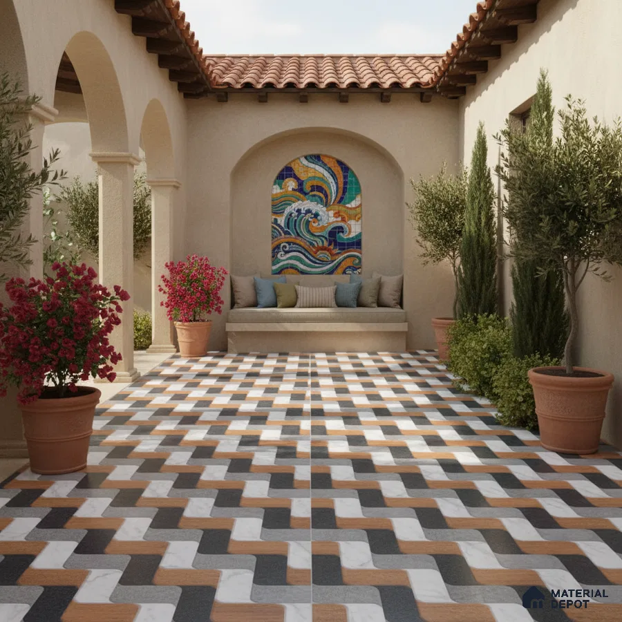 Mediterranean outdoor courtyard with terracotta roof, mosaic accent wall, and geometric patterned floor tiles