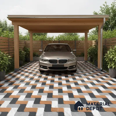 Modern parking with geometric patterned floor tiles and wooden pergola
