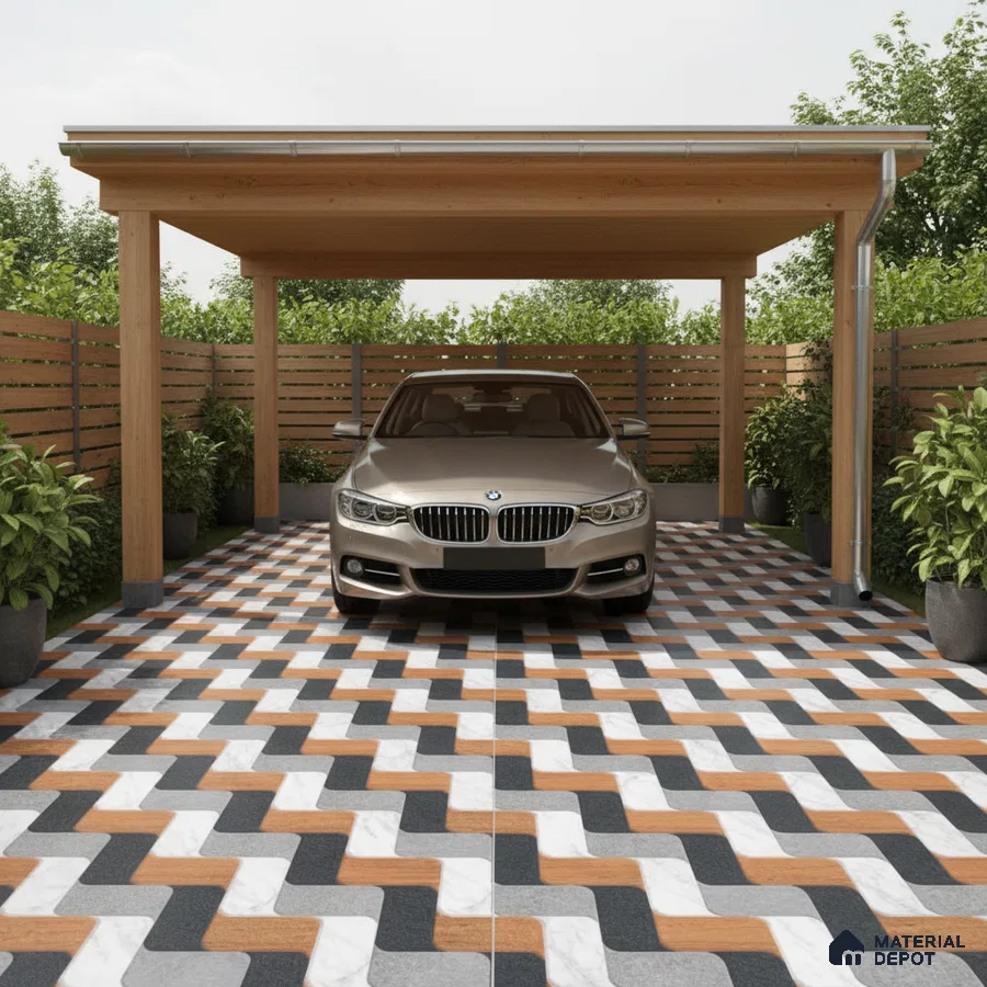 Modern parking with geometric patterned floor tiles and wooden pergola