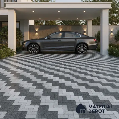 Modern parking with black and white zigzag patterned outdoor paver tiles
