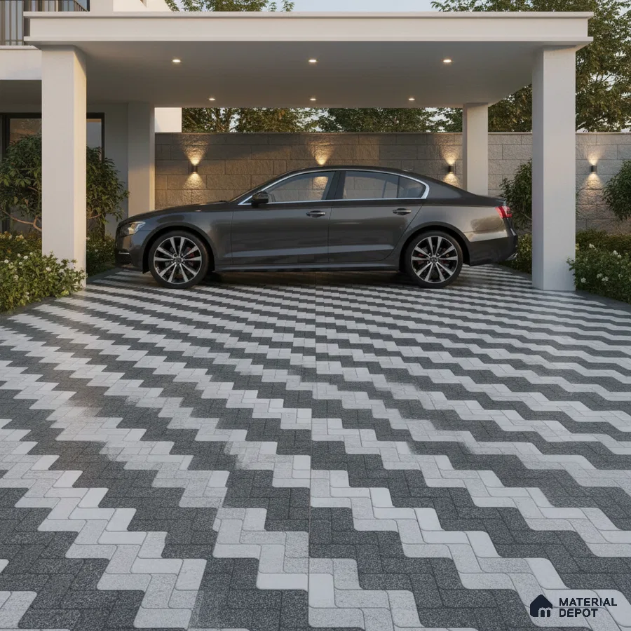 Modern parking with black and white zigzag patterned outdoor paver tiles