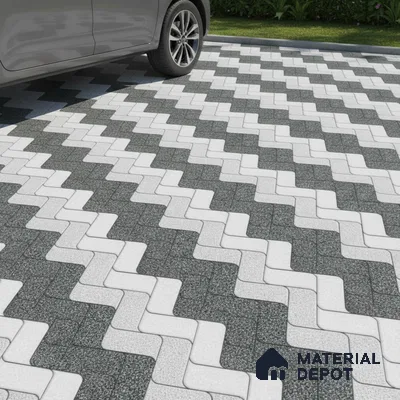 Modern parking with interlocking black and white zigzag outdoor floor tiles