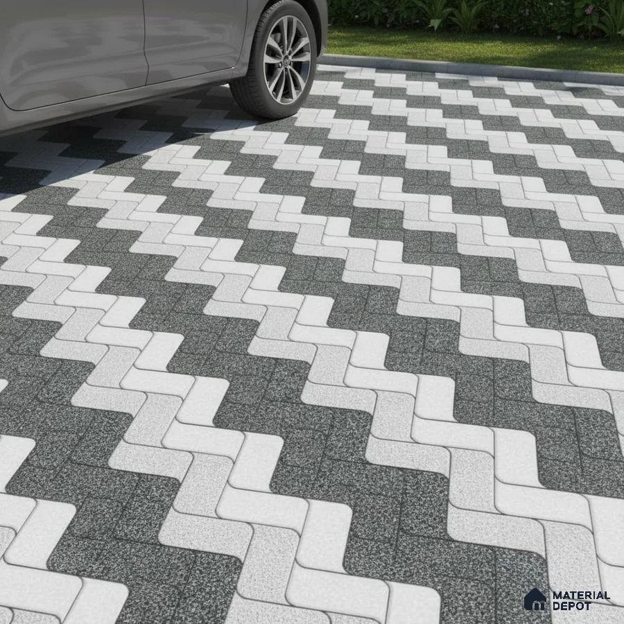 Modern parking with interlocking black and white zigzag outdoor floor tiles
