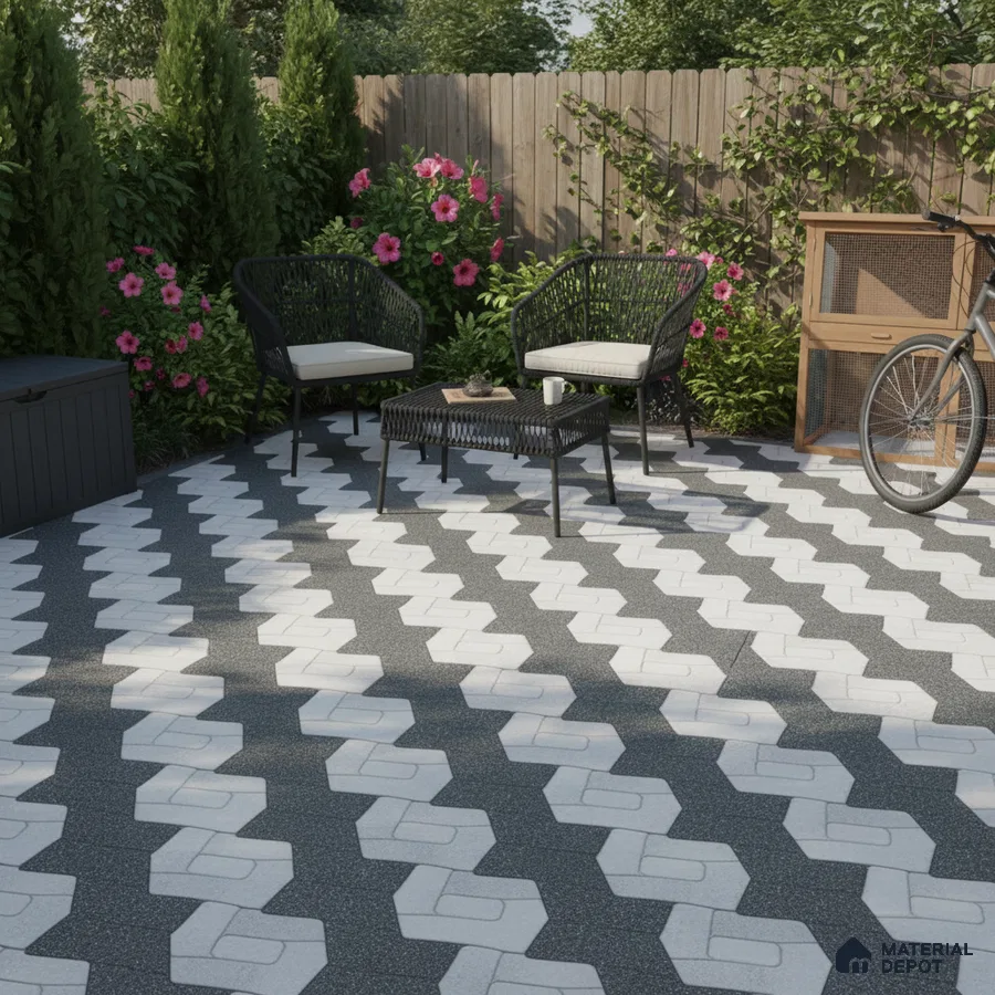 Modern outdoor patio with black and white geometric interlocking floor tiles