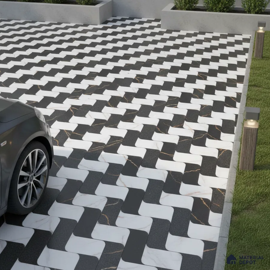 Modern parking with black and white marble-look geometric floor tiles