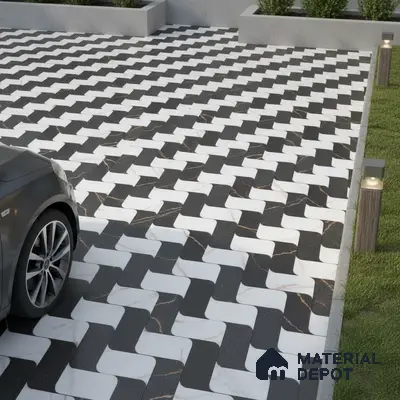 Modern parking with black and white marble-look geometric floor tiles