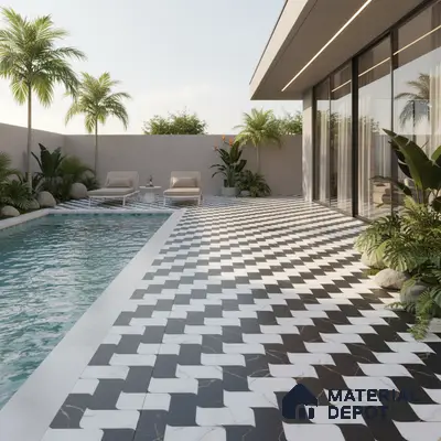 Modern outdoor poolside with black-and-white geometric floor tiles and tropical landscaping