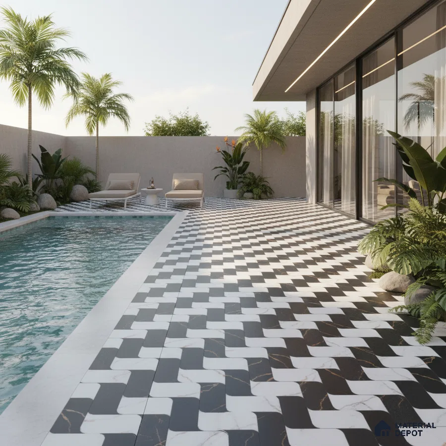 Modern outdoor poolside with black-and-white geometric floor tiles and tropical landscaping