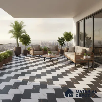 Modern balcony with black and white marble-look geometric floor tiles and wooden outdoor seating