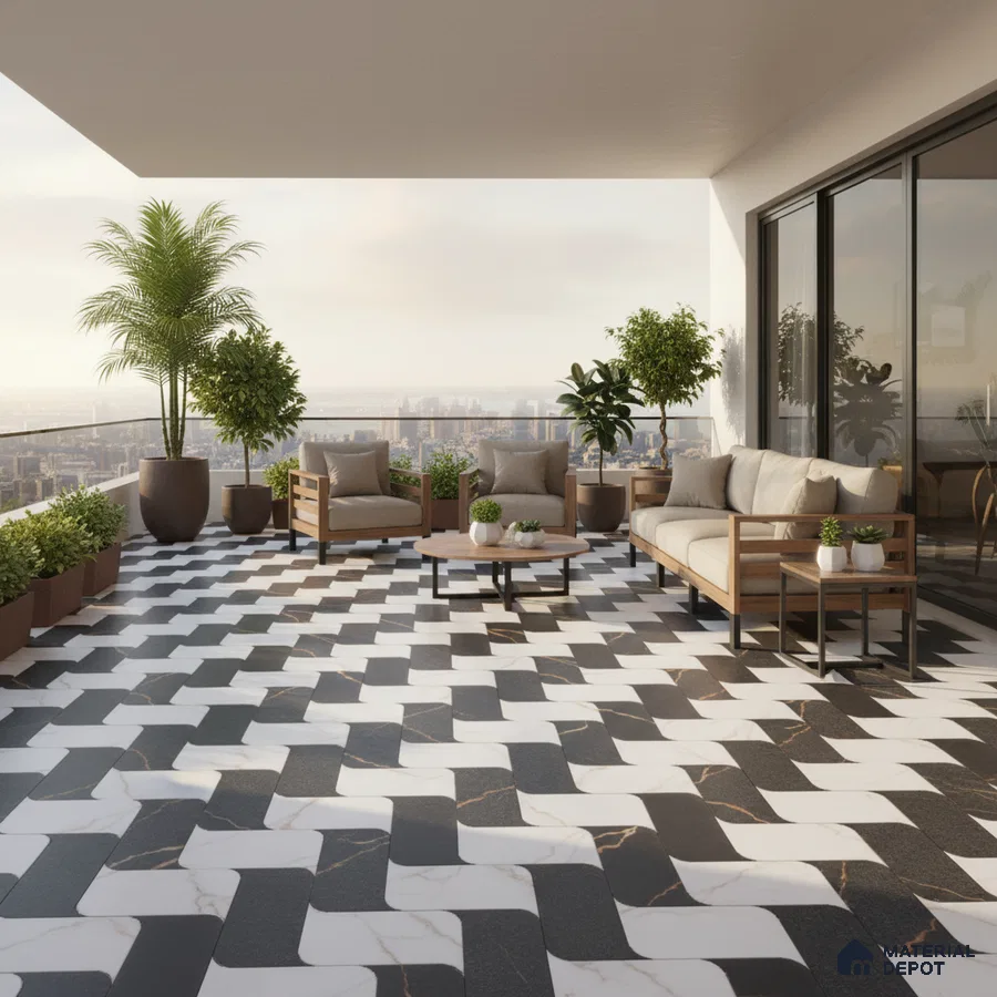 Modern balcony with black and white marble-look geometric floor tiles and wooden outdoor seating