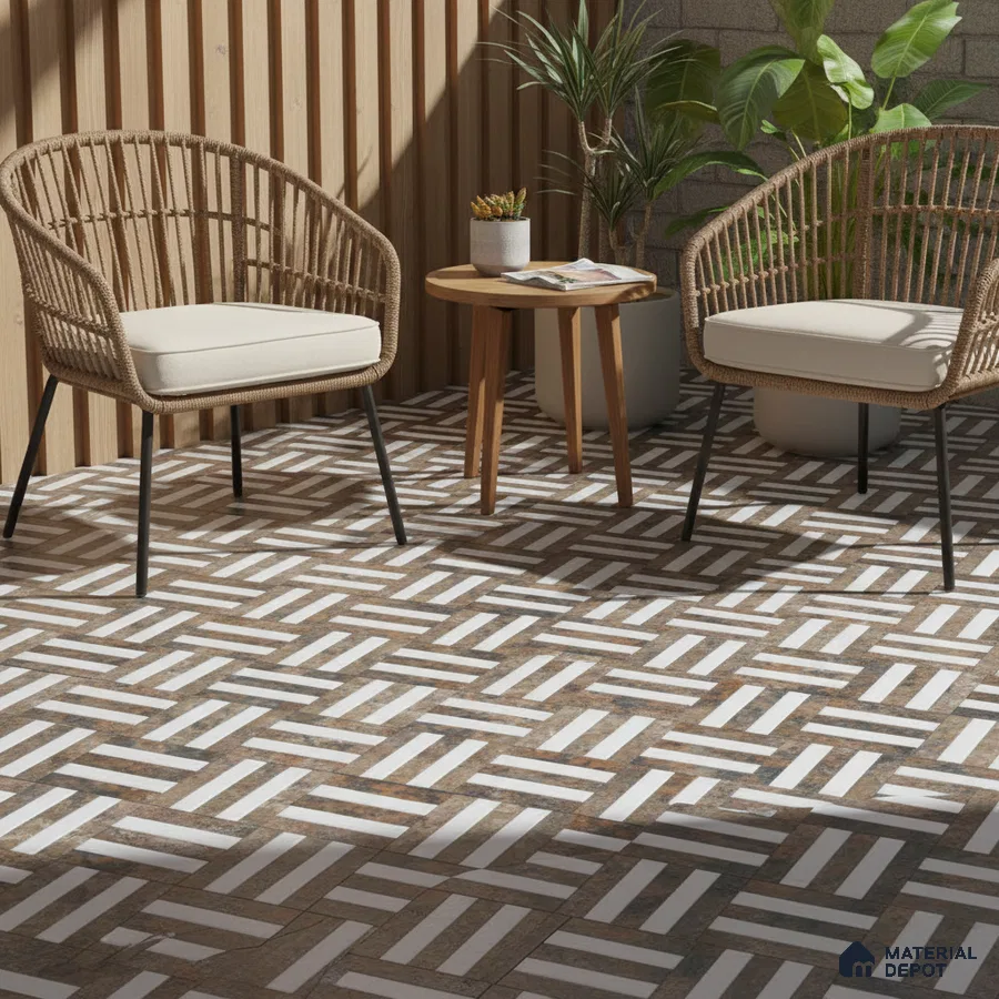 Scandinavian balcony with geometric patterned floor tiles and light wood vertical louvers