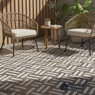 Scandinavian balcony with geometric patterned floor tiles and light wood vertical louvers