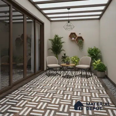Modern balcony with geometric patterned floor tiles and beige wall paint