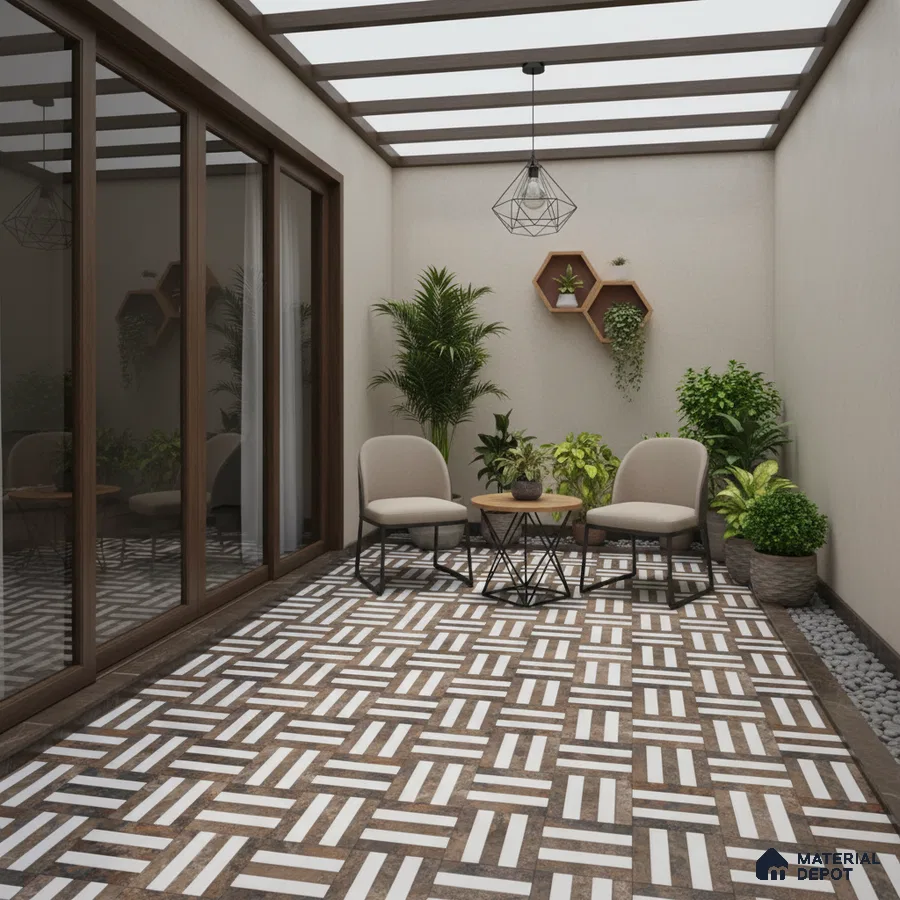 Modern balcony with geometric patterned floor tiles and beige wall paint
