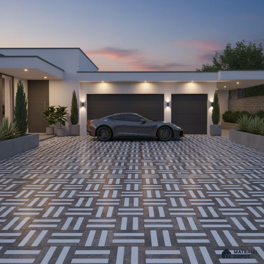 Modern parking with geometric patterned outdoor floor tiles and minimalist facade