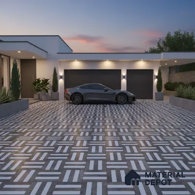 Modern parking with geometric patterned outdoor floor tiles and minimalist facade