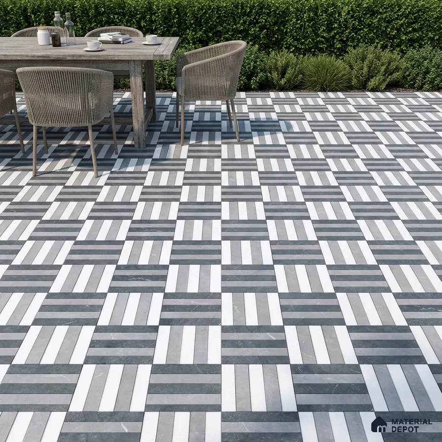 Modern outdoor space with geometric black-and-white marble floor tiles