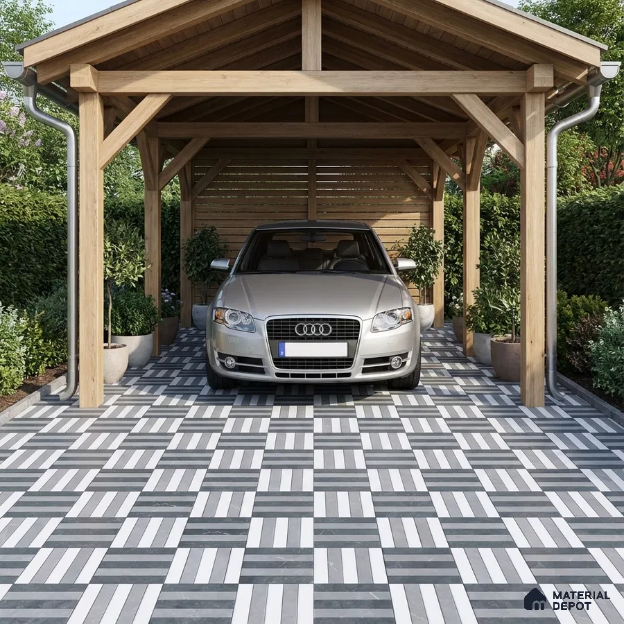Modern parking with geometric black-and-white floor tiles and natural wood carport structure