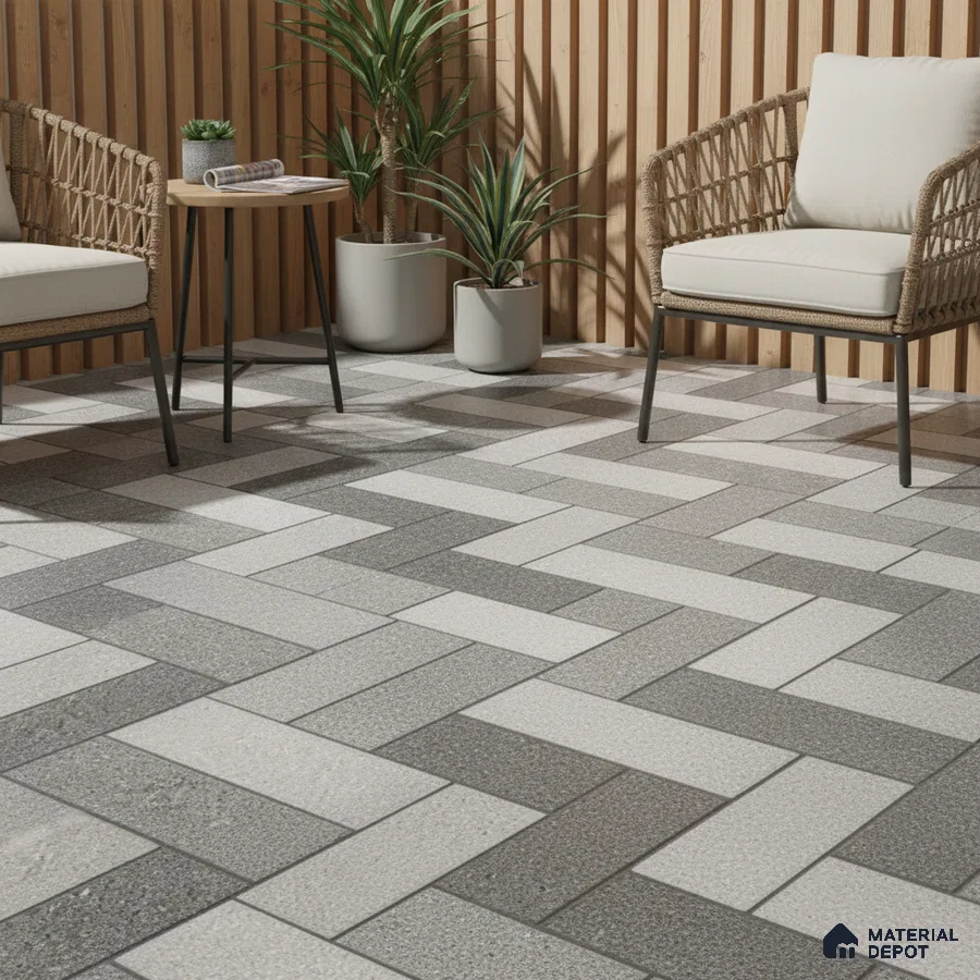 Scandinavian balcony with herringbone grey and white stone tiles and natural wood louver wall