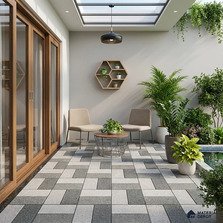 Modern outdoor patio with geometric grey and white floor tiles and wooden framed glass doors