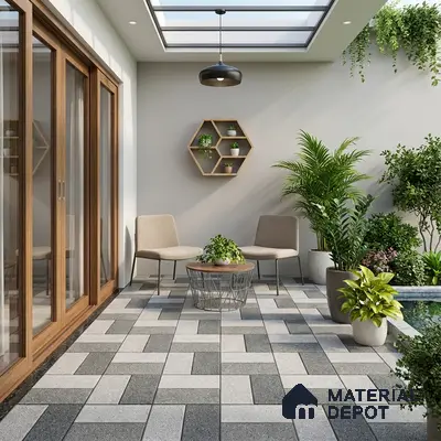 Modern outdoor patio with geometric grey and white floor tiles and wooden framed glass doors