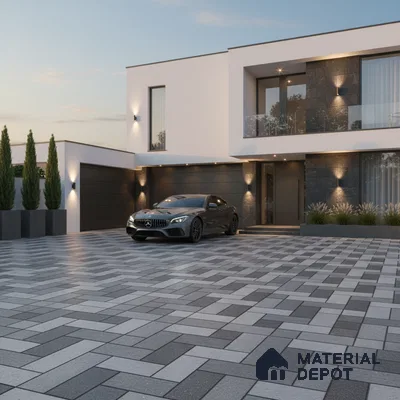 Modern parking with grey and charcoal interlocking paver tiles and stone cladding facade