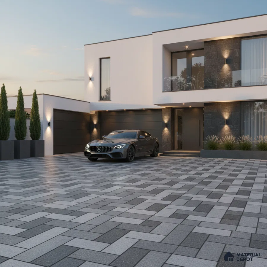 Modern parking with grey and charcoal interlocking paver tiles and stone cladding facade