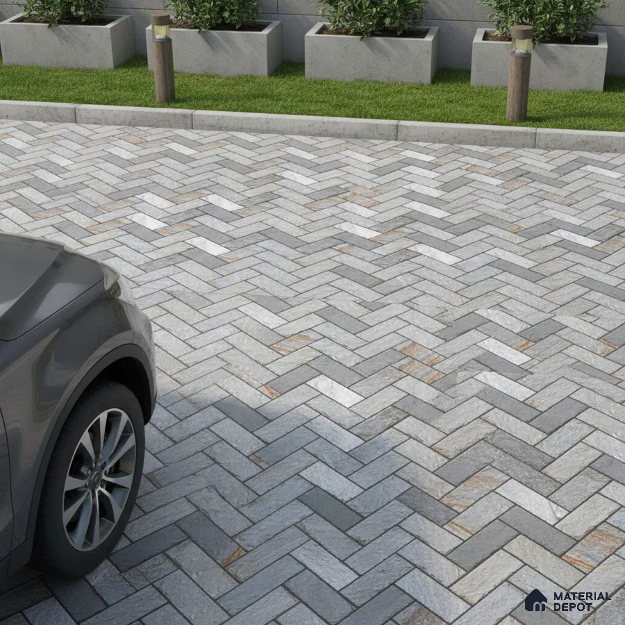 Modern parking area with grey herringbone stone tiles and concrete planters