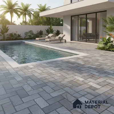 Modern outdoor pool area with grey stone-look anti-skid floor tiles