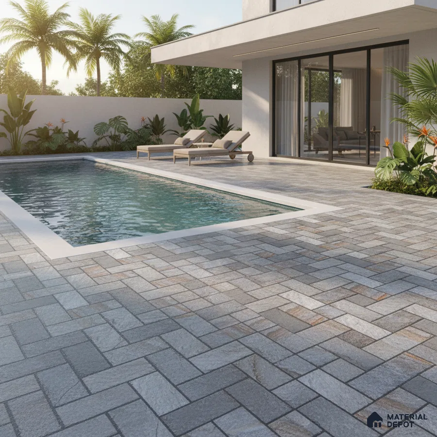 Modern outdoor pool area with grey stone-look anti-skid floor tiles