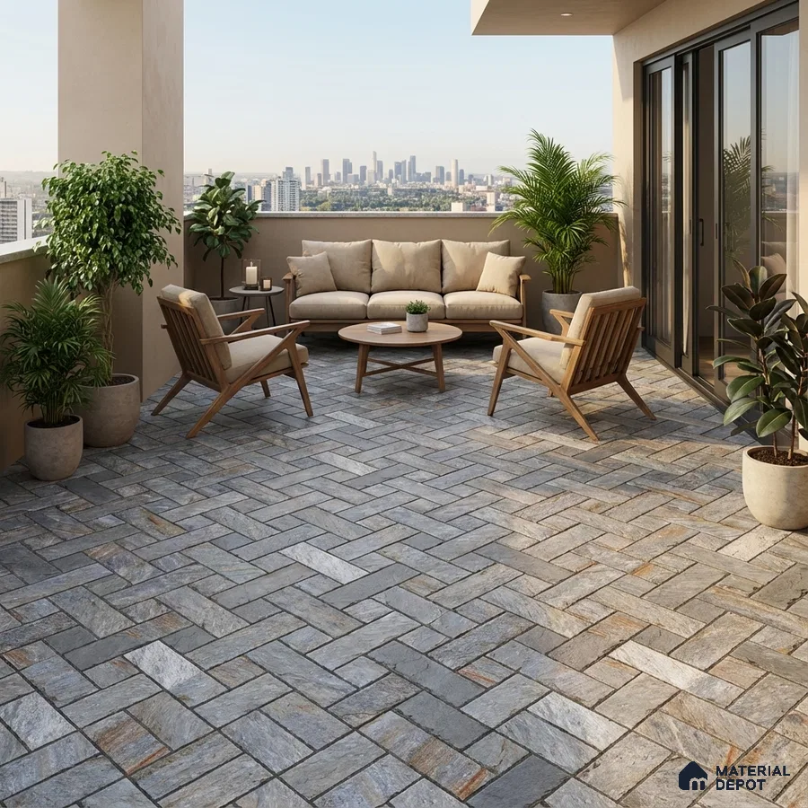 Modern balcony with herringbone stone-look floor tiles and wooden outdoor furniture