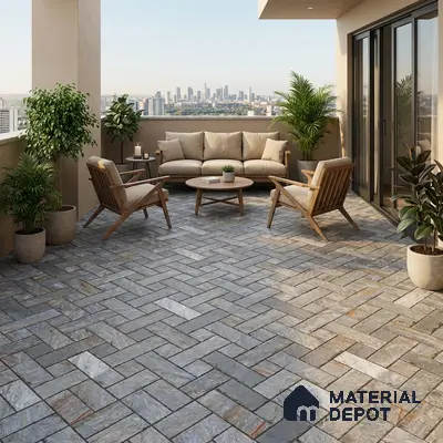 Modern balcony with herringbone stone-look floor tiles and wooden outdoor furniture