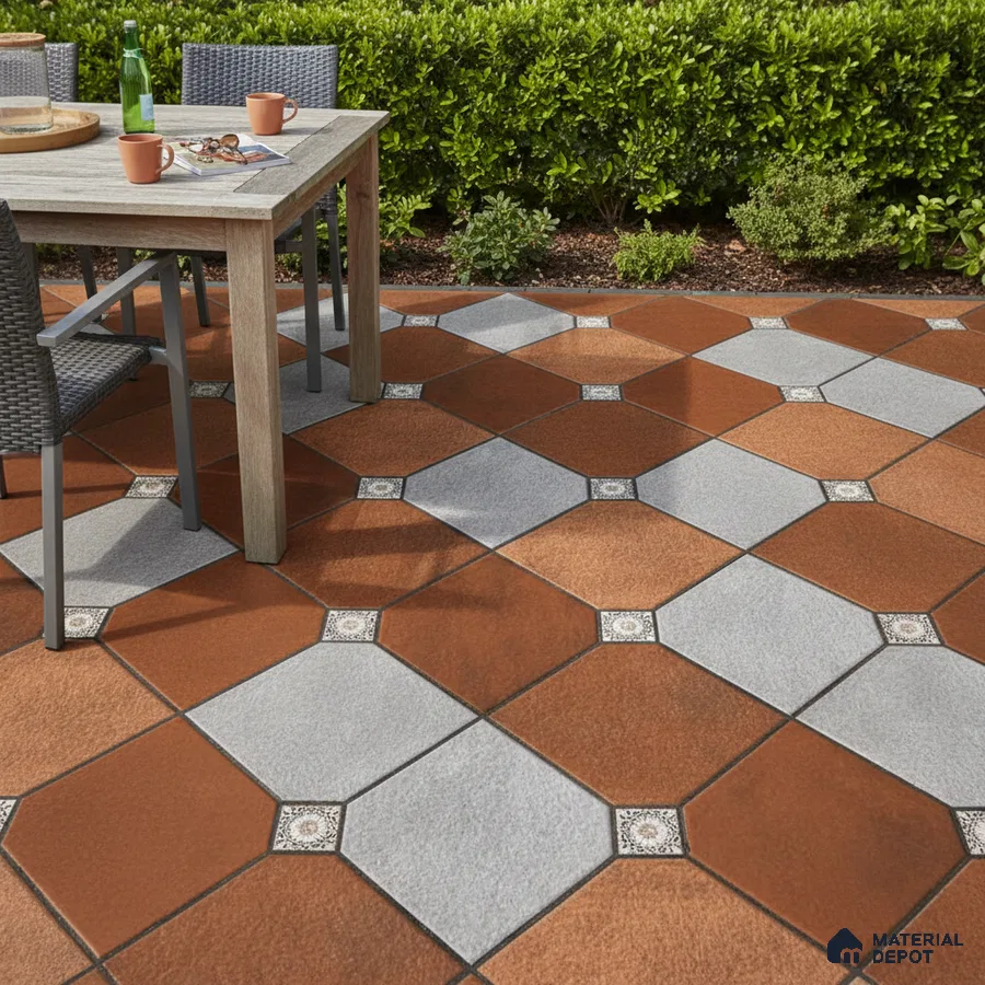 Mediterranean outdoor patio with terracotta and grey patterned floor tiles