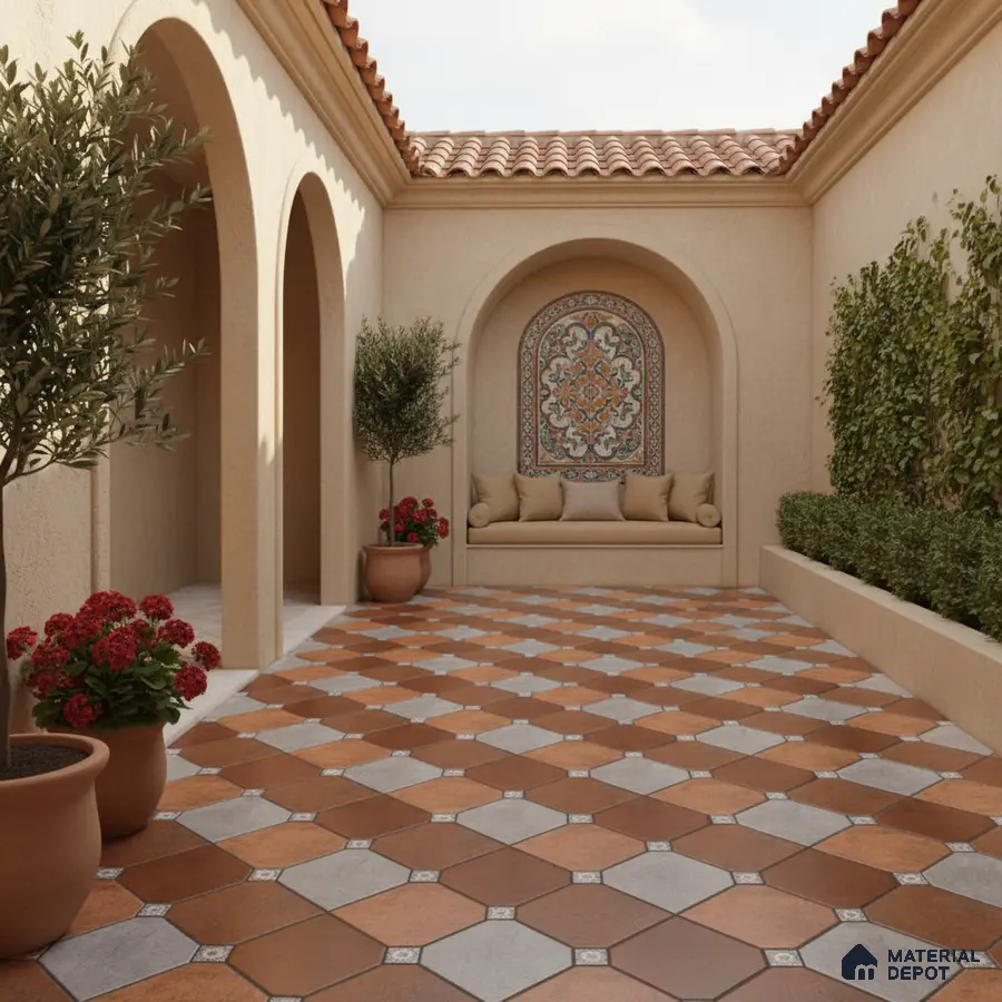 Mediterranean outdoor courtyard with terracotta and grey geometric floor tiles and mosaic accent wall