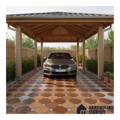 Modern parking with terracotta and beige octagonal floor tiles and exposed wooden structure