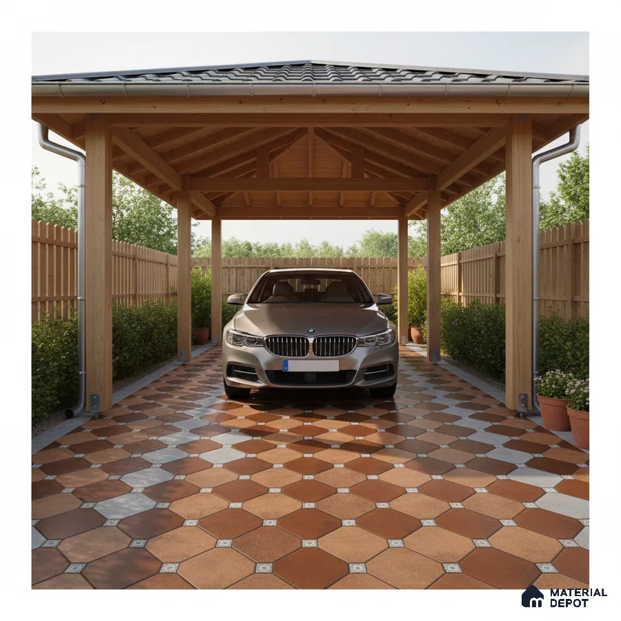 Modern parking with terracotta and beige octagonal floor tiles and exposed wooden structure