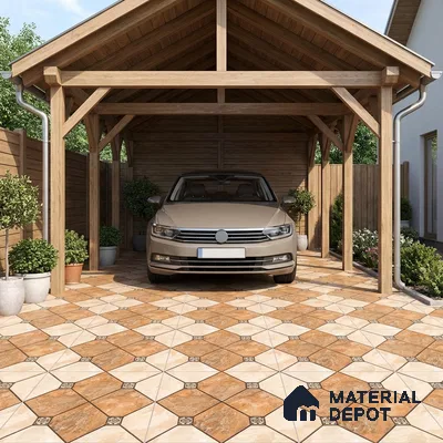 Modern parking with patterned terracotta and beige geometric floor tiles and wooden structure