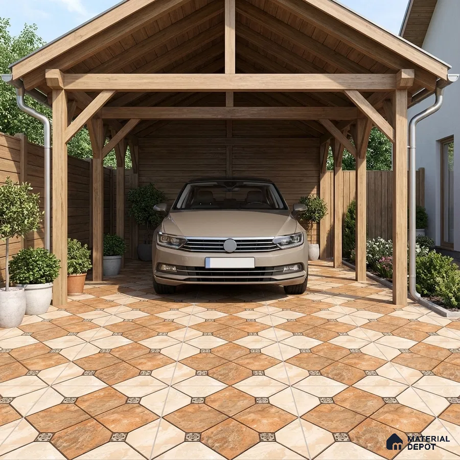 Modern parking with patterned terracotta and beige geometric floor tiles and wooden structure