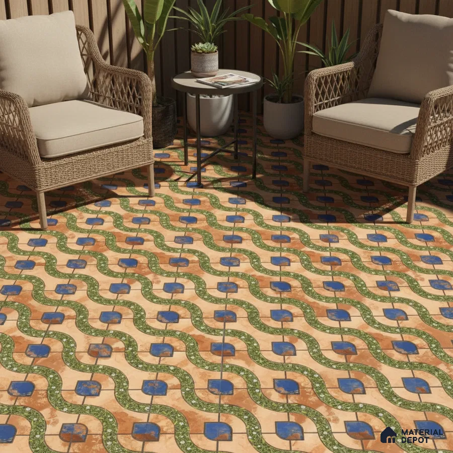 Mediterranean outdoor seating with multicolor patterned floor tiles and wicker furniture